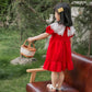 Girls Red Dress Summer Dress Children Summer Puff Sleeve Princess Skirt A-Line Dress Round Neck Short Sleeves