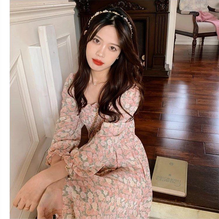 Women's Spring and Summer French Elegant Waist Slim Mid Length Versatile High Waist Floral Chiffon Dress