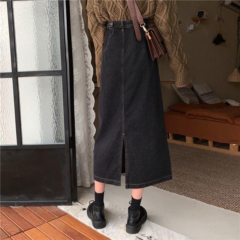 Women Sexy Sweet Solid Denim Skirt High Waist Over The Knee Hip Skirt Casual Club Home Office