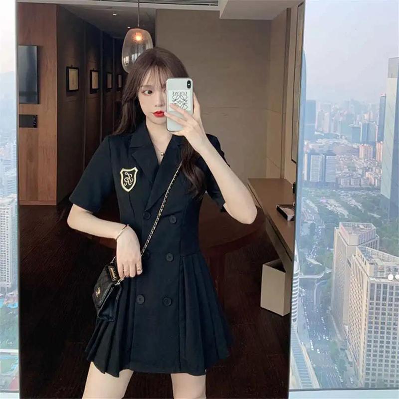Retro College Dress Women's Summer Dress Waist Slim Temperament A-shaped Short-sleeved Suit Skirt Ladies Short Dress Coat