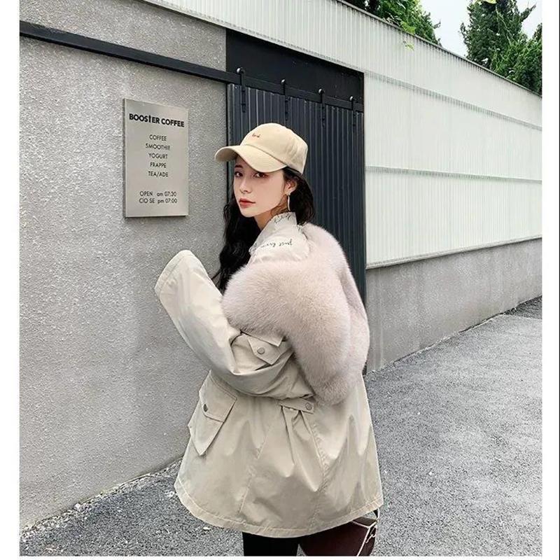 Parker Overcome Women's Detachable Imitation Fox Large Fur Collar Plush Liner Short Faux Fur Jacket Women's Warm Loose Large Size Cotton Jacket