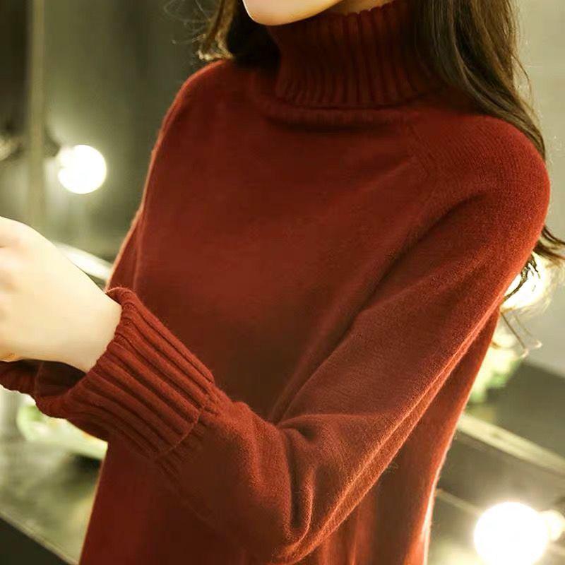 Women's autumn and winter solid color wearing warm winter sweater loose turtleneck sweater