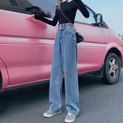 Women's High-waisted Wide-leg Jeans Spring Loose and Thin All-match Trousers Mopping Straight Pants