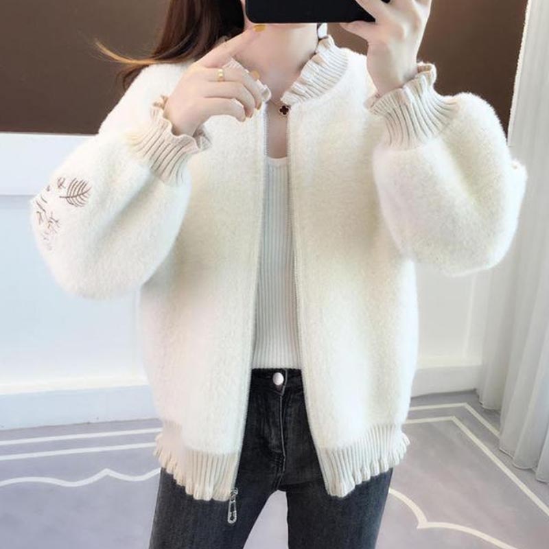 Imitation Mink Velvet Embroidered Ruffled Cardigan Women's Spring and Autumn Style Lazy Style Loose Sweater Zipper Long-sleeved Knitted Jacket