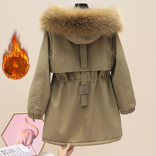 Imitation Hair Parker Overcoming Women's Mid-length Plus Velvet Thick Hooded Waist Waist Tooling Cotton-padded Jacket