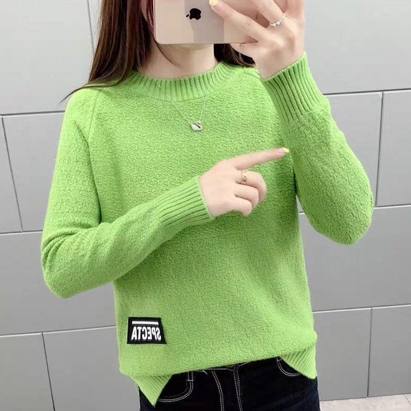 Pofulove Winter Round Neck Sweater Women's Short Loose Fashion Pullover Knit Thick Bottoming Shirt