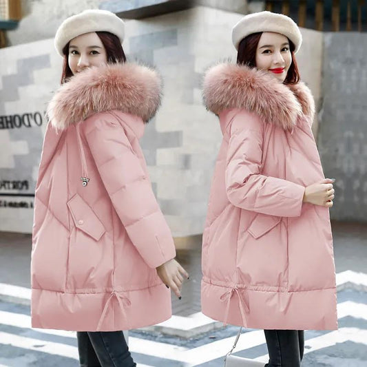 Large Fur Collar Padded Jacket Women's Mid-length Korean Style Loose Fashion Padded Jacket Explosive Style Padded Jacket Women