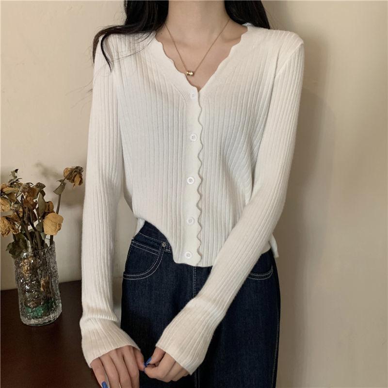 Early Autumn V-neck Sweater Long-sleeved Cardigan Sweater Small Coat All-match Female Gentle Wind Ladies Slim Pure Color Simple Top