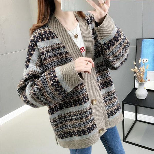 Autumn Winter Vintage Printed Cardigan Sweater Korean Knitwear Casual Loose V-neck Knitted Cardigan Coat tops