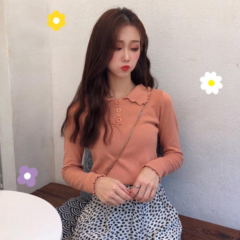 Solid Color Wild Sweater Women's Hedging Slim Was Thin Long-sleeved Lapel Bottoming Sweater