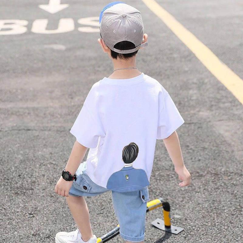 Boys' Summer Suits Solid Color Printing Loose and Breathable Casual Short-sleeved Five-point Jeans Children's Handsome Two-piece Suit