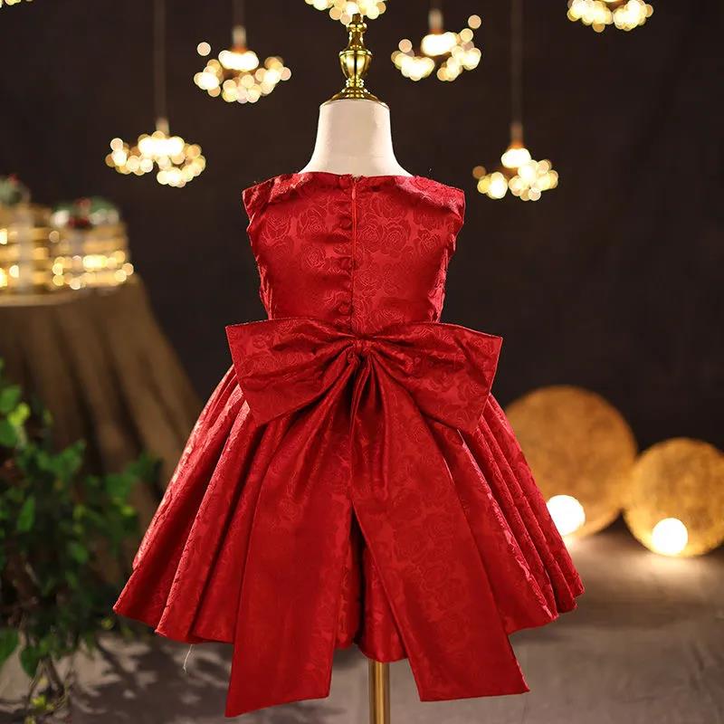 Red Children's Evening Dress Wedding Flower Girl Dress Princess Skirt Girl Baby Sweet Temperament Tutu Skirt Round Neck Sleeveless Waist