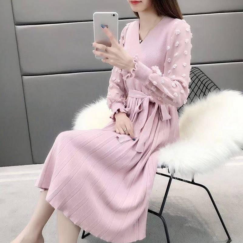 Pofulove 4 Colors Women Winter Sweater Dress Long V-neck Flower Chiffon Cuffs Knitted Pullover Skirt
