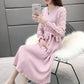 Pofulove 4 Colors Knitted Elegant Sweater Dress Long V-neck Flower Chiffon Cuffs Pullover Skirt