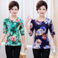 Spring and Autumn Mother Round Neck Long-sleeved T-shirt Women's Floral Loose Top Bottoming Shirt Women