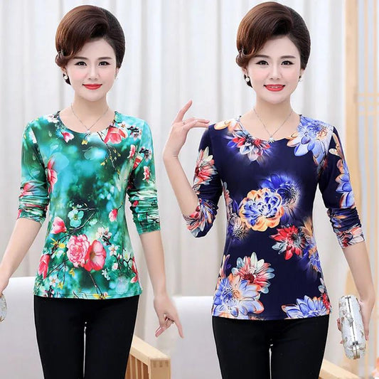Spring and Autumn Mother Round Neck Long-sleeved T-shirt Women's Floral Loose Top Bottoming Shirt Women