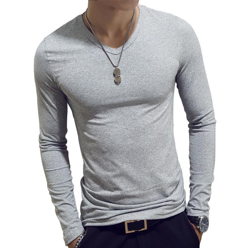 Men Slim Shirts Stretch Tees Slim Pullovers Casual Bottoming T-shirt Long Sleeves Overshirt Solid Color Top V-collar Clothing