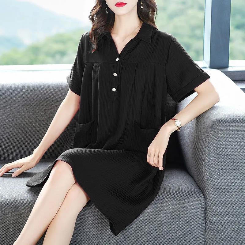 Women T-shirt Dress Loose Turn-down collar Casual Loose Big Pocket Short Sleeve Buttons Dress