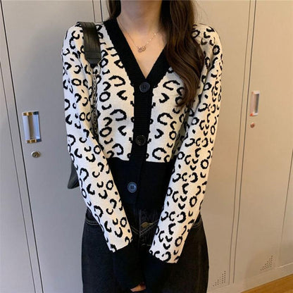 Spring Contrast Color V-neck Long-sleeved Short Leopard-print Knitted Cardigan Women's Outer Slim Sweater Coat
