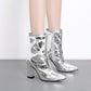 Thick-heeled Ankle Boots Women's Autumn Winter Pointed High-heeled Ankle Boot Silver Bright Leather Zipper Plus Velvet Martin Boots