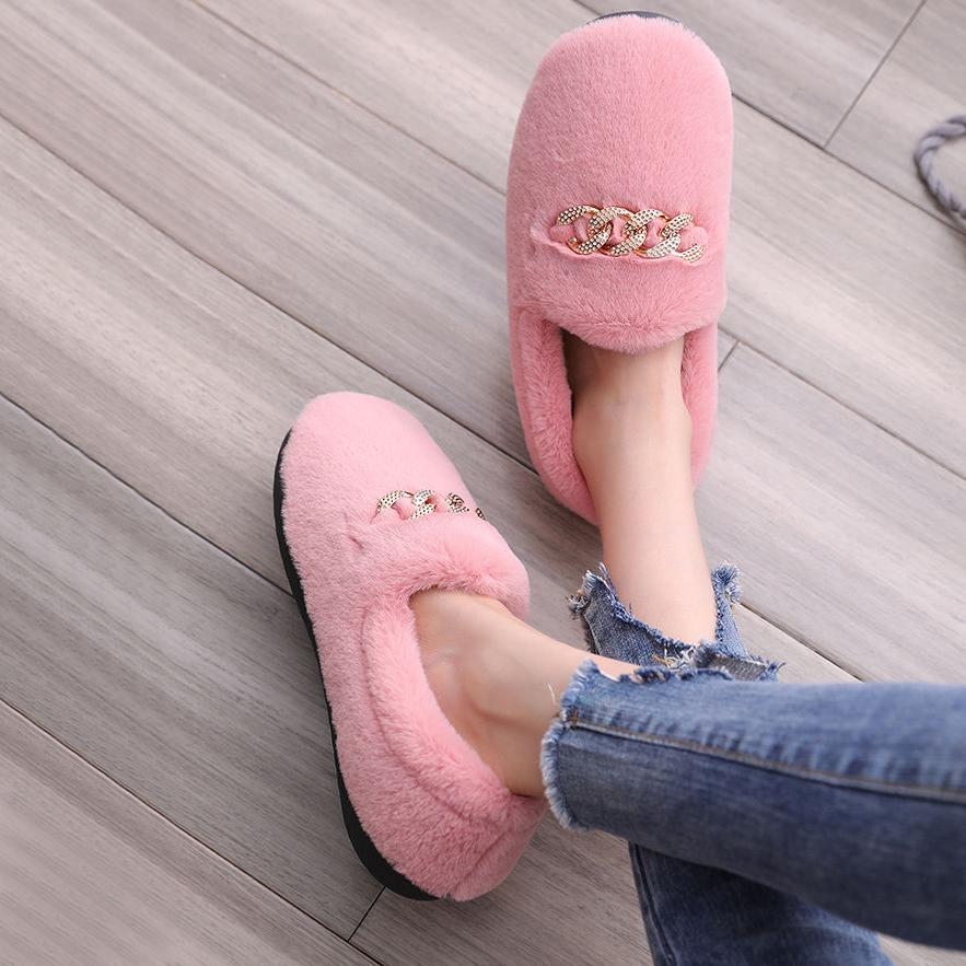 Winter Fluffy Women Shoes Fashion Chain Warm Fur Flat Shoes Woman Indoor Sliders Causal Home Lady Shoes Thick Plush Soft Warm Cotton Slippers Cute