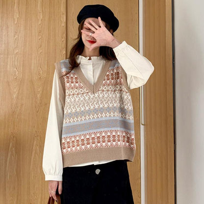 Autumn Loose Knitwear Women Students All-match V-neck Hit Color Top Sleeveless Outer Sweater Fashion Casual Vest Jacket