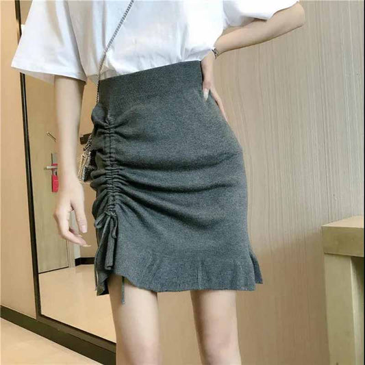 Design Skirt Female Autumn Pleated Fishtail Skirt High Waist A-line Skirt Knitted Bag Hip Short Skirt