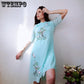 Woman Embroidery Floral Printed Dress Half Sleeve Chinese Style Long Party  Dresses Plus Size M-4XL