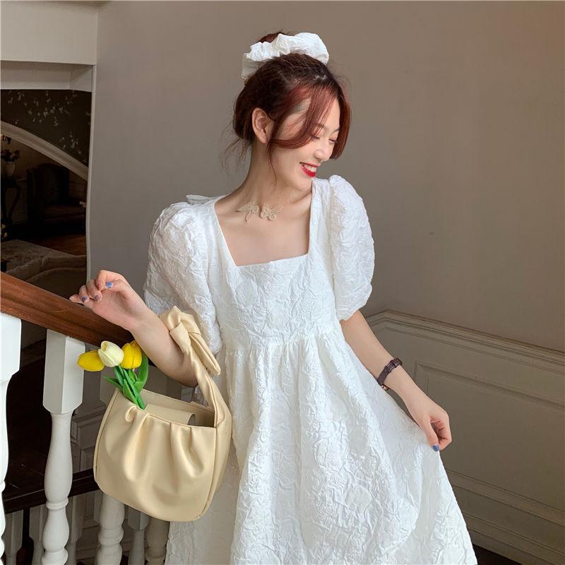 Spring and Summer Dress Korean Version of French Square Neck Bow Loose Temperament Puff Sleeve A-line Skirt