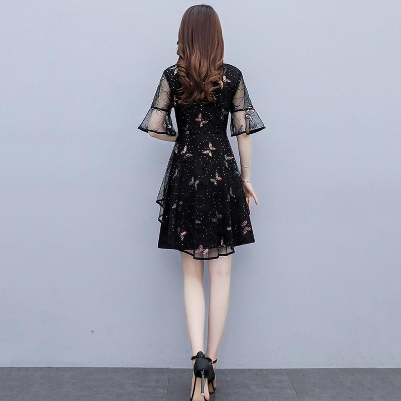 Large Size Women's Summer Black Belly Cover Sequins Embroidery Stitching Short-sleeved Fairy Dress Ladies Temperament A-line Skirt