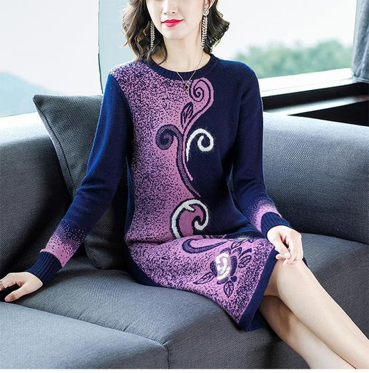 Autumn Winter High-end Women Thick Sweater Long Round Neck Print Long-sleeved Sweater Dress Slim Stretch Warm Base Pullover Sweater