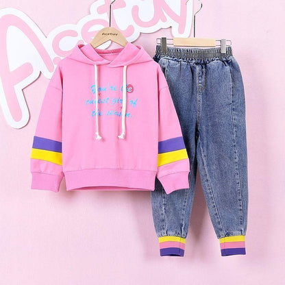 Children's Clothing Girls' Sweater Suit 2021 Jeans Spring and Autumn Clothing Middle and Large Children's Sports Two-piece Suit