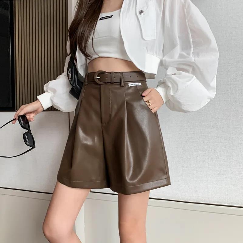 Send Belt PU Leather Shorts Female Autumn and Winter A-line All-match Boot Pants Large Size High Waist Wide Leg Loose Outer Wear Casual Pants