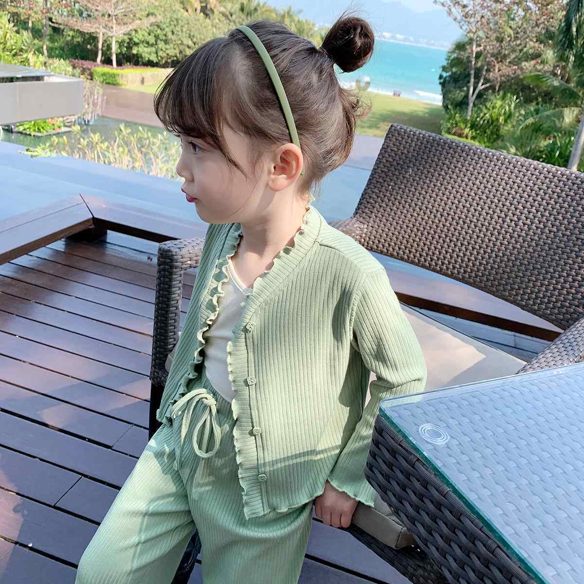 Girls' Suit Spring Clothes Children's Foreign Style Long Sleeve Cardigan Coat Baby Leisure Wide Leg Pants Two Piece Set