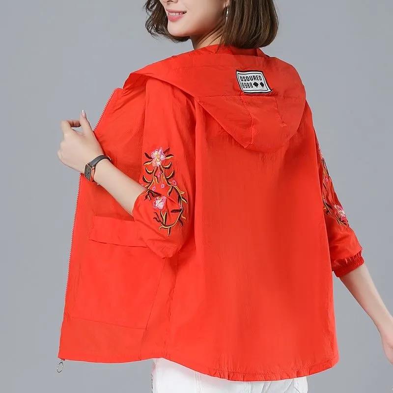 Women's Autumn Large Size Embroidered Short Coats Spring and Summer Solid Color Breathable Loose Sunscreen Coats