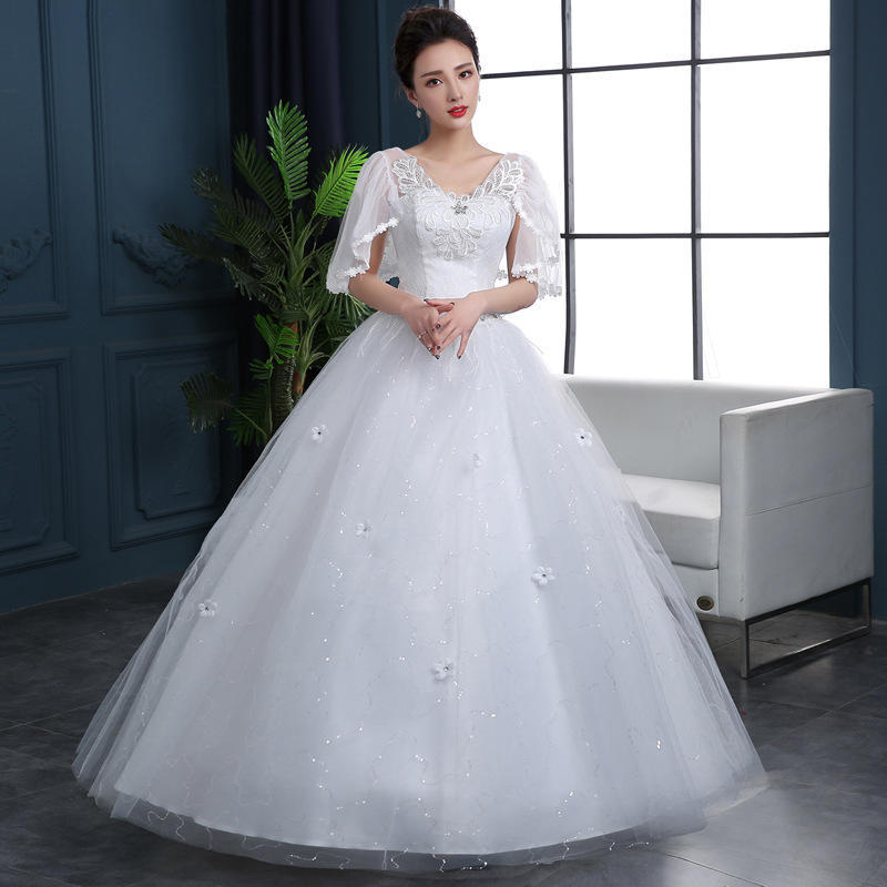 Wedding dress spring and summer sleeve lace bride simple word shoulder