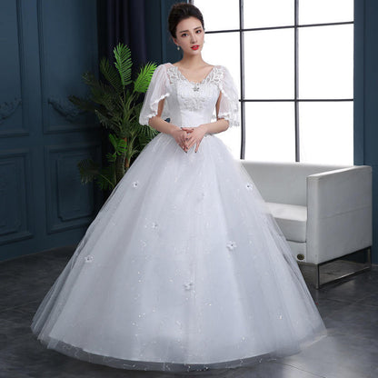 Wedding dress spring and summer sleeve lace bride simple word shoulder
