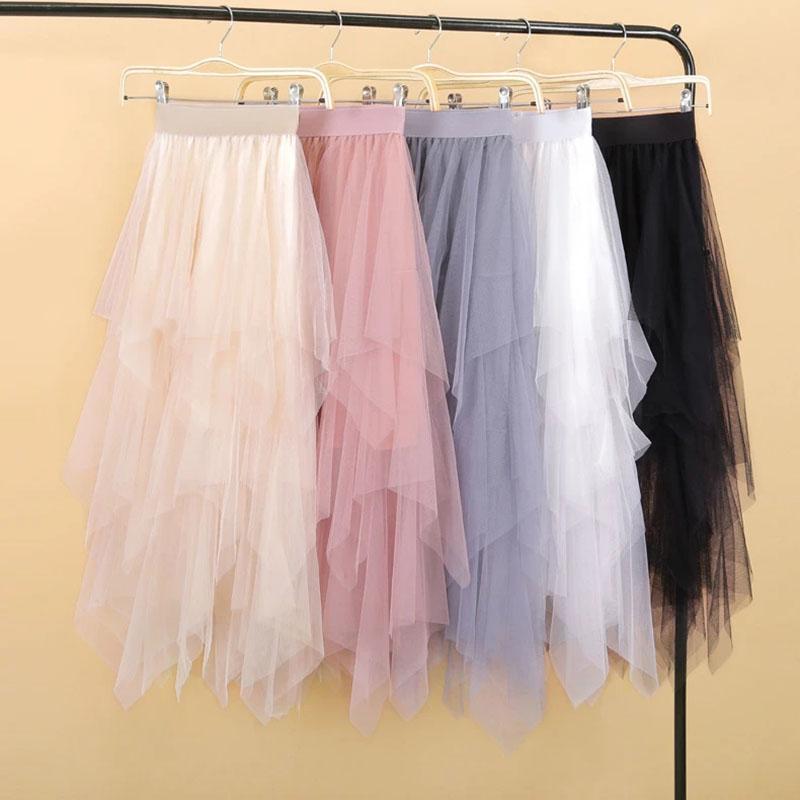 Y2k Skirt Skirts Womens Summer Black Pleated Skirt Solid Color Elastic High Waist A-line Skirts Irregular Mid-length Mesh Skirt