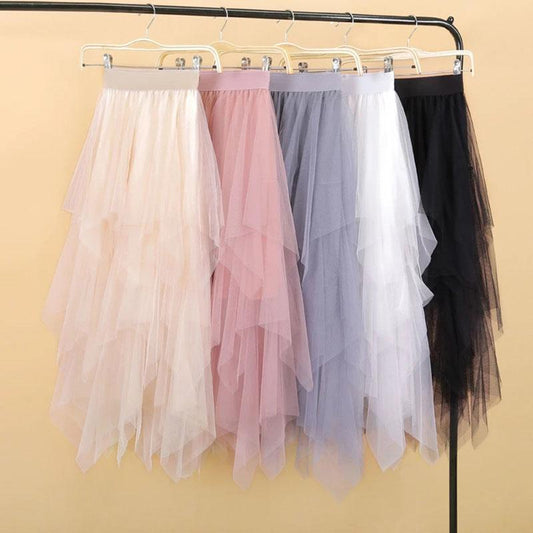 Y2k Skirt Skirts Womens Summer Black Pleated Skirt Solid Color Elastic High Waist A-line Skirts Irregular Mid-length Mesh Skirt