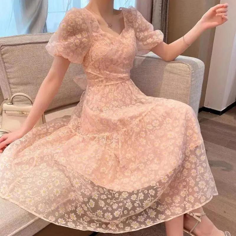 Summer Temperament Bow-knot Big Skirt Short Dress with Daisy Flowers