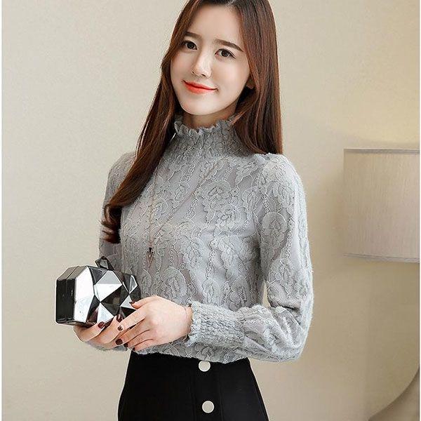 Genuine Fashion Trend Lace Bottoming Shirt Autumn and Winter Plus Velvet Thickening Warm High Neck Long Sleeve Women Sweater