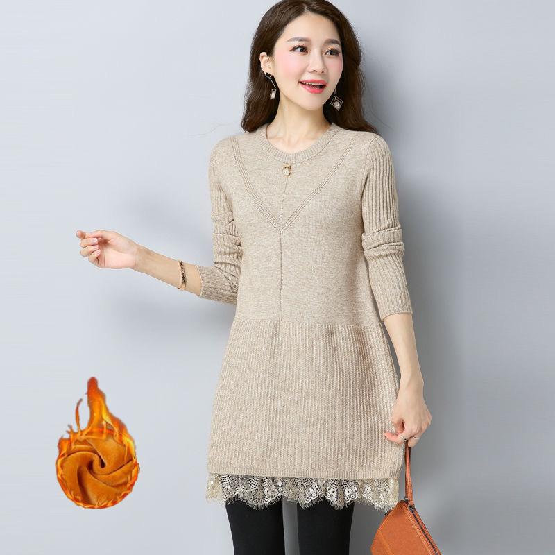 Plus Thick Autumn and Winter Sweater Women Loose and Warm Mid-length Bottoming Shirt Round Neck Knitted Lace Sweater Dress