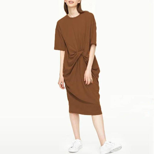 New Spring and Summer Women's Fashion Casual Twist Round Neck Loose Large Waist Dress