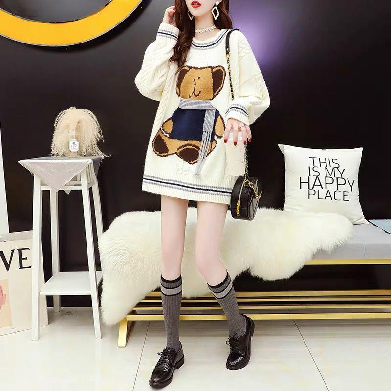 Autumn Winter  Women Fashion Sweater Casual Knitting Sweater Mid-length  Round Neck Pullovers Loose Casual Long Sleeve Sweater