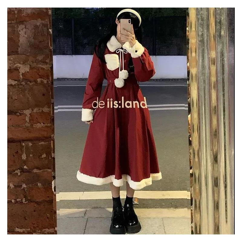 Winter Sweet and Cool Girl Thick Warm Fur Collar Stitching Prague British Girl Plus Cotton Windbreaker Dress