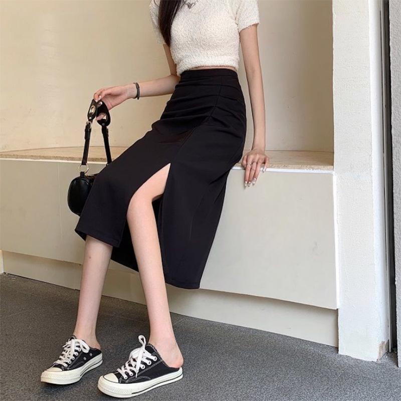 Pleated Slit Hip Skirt Summer Korean Version A-line Skirt High Waist Slim Mid-length Black Skirt Women