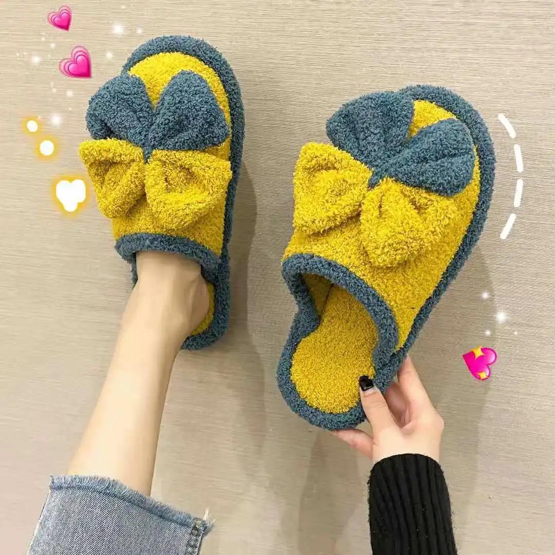 Pure Cotton Slippers Indoor Non-slip Soft-soled Shoes Fluffy Warmth Simple Flat-bottomed Shoes