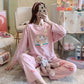 Ladies Pajamas Set Spring Autumn Cotton Long-sleeved Suit Cartoon Printing Pink Top Pants Two-piece Set Outdoor House Wear