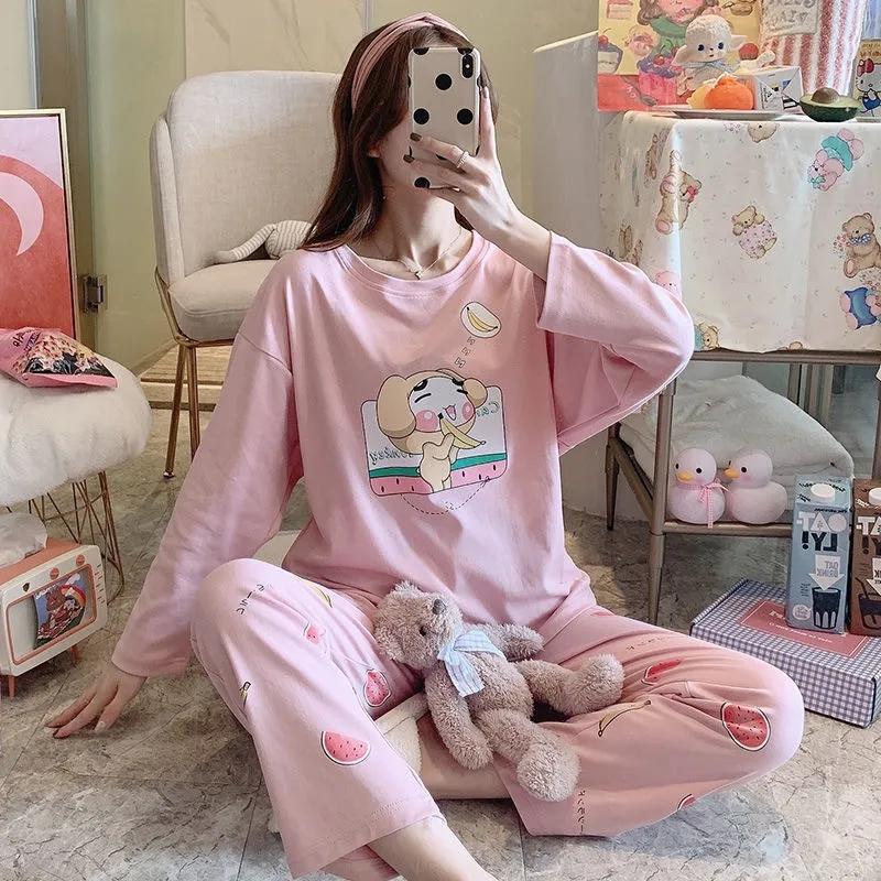 Ladies Pajamas Set Spring Autumn Cotton Long-sleeved Suit Cartoon Printing Pink Top Pants Two-piece Set Outdoor House Wear