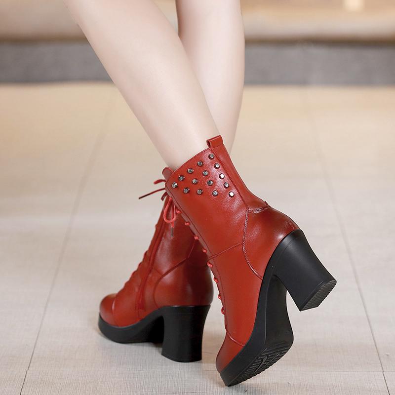 Boots Women Ankle Boots Genuine Leather Women Round Toe Chelsea Boots High Heel Boots Snow Boots